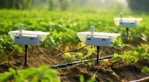 Sensores IoT instalados en un campo agrícola para monitorear las condiciones del suelo y optimizar el riego